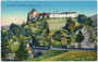 Burg Trautson in Mühlbachl, Gbz. Steinach (seit 1977 Gbz. Innsbruck), Bzk. Innsbruck-Land und die Schienentrasse der Brennerbahn. Photochromdruck 9 x 14 cm; K(arl). Redlich, Landhausstr. (heute Meraner Str.) 8, Innsbruck 1912.  Inv.-Nr. vu914pcd00155