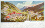 Im Heimatstil errichtetes Hotel „Brennerbad“ mit Parkanlagen links (1922 abgebrannt) an der Brennerbahn und ggü. Mariahilfkapelle von Süden. Farbautotypie 9 x 14 cm ohne Künstlersignatur um 1900.  Inv.-Nr. vu914fat00025