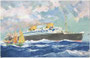 Turbinenpassagierschiff „Bremen IV" des Norddeutschen Lloyd Bremen, ab 1929 in Dienst auf der Transatlantikroute Bremerhaven-New York, 1941 durch Feuer zerstört. Farboffsetdruck 9 x 14 cm, unsignierter Entwurf 1939.  Inv.-Nr. vu914fod00006