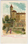 „Schloss Amras (richtig: Ambras) – Spanischer Saal mit dem Hochschloss“ in Amras (1938 nach Innsbruck eingemeindet worden), Schlossstraße 16, Stadt Innsbruck. Chromolithographie 9 x 14 cm, Entwurf: W. Sandemann wohl 1906.  Inv.-Nr. vu914clg00034