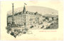 Vereinigungsbrunnen und Hotel „Arlberger Hof“, Salurner Straße 1 in Wilten mit Hauptportal zum Bahnhofplatz (heute Südtiroler Platz). Offsetdruck 9 x 14 cm nach Illustration ohne Signatur. Cicerone-Verlag Wien um 1925.  Inv.-Nr. vu914od00002