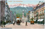 Nordabschnitt der Maria-Theresien-Straße mit Straßenbahn und Pferdefuhrwerk gegen die Nordkette von Süden. Photochromdruck 9 x 14 cm; Impressum: B. Lehrburger, Nürnberg um 1910.  Inv.-Nr. vu914pcd00124