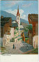 Hippach im Zillertal, Bzk. Schwaz, Gefürst. Grafsch. Tirol mit Pfarrkirche zu den Hll. Albuin und Ingenuin. Farbautotypie 9 x 14 cm; Entwurf ohne Künstlersignatur. Verlag M. Baumgartner, München um 1900.  Inv.-Nr. vu914fat00112