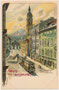 Dampfstraßenbahn der L.B.H.i.T. (Localbahn Innsbruck-Hall in Tirol 1891-1899) in Fahrtrichtung Bergisel in der Maria-Theresien-Straße beim Servitenkloster. Chromolithographie 9 x 14 cm nach Original von Erw(in). Spindler um 1897.  Inv.-Nr. vu914clg00052