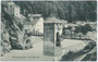 Ehemalige Tirolisch landesfürstliche Grenz- und Zollburg Alt-Finstermünz mit Brückenturm (re.), Klausenturm (Mitte) und Burg SIGMUNDSEGG (li. oben). Lichtdruck 9x14cm; Verlag J. Tomaszewski, Davos; Graubünden (CH).  Inv.-Nr. vu914ld00163