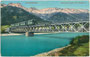 Innbrücke der Mittenwaldbahn von Innsbruck Westbahnhof nach Garmisch (1910/12 errichtet) vor der Nordkette im Karwendel (AVE 5).Photochromdruck 9 x 14 cm; Impressum: Wilhelm Stempfle, Innsbruck 1914.  Inv.-Nr. vu914pcd00316