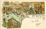 Café "Hierhammer" mit 1. Tiroler Weinhalle und Billardsaal in der Museumstraße 5, Innsbruck-Innere Stadt. Mehrteilige Chromolithographie 9 x 14 cm; Impressum: Moch & Stern, München um 1895.  Inv.-Nr. vu914clg00048