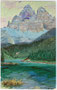 Lago di Misurina (Comune di Auronzo di Cadore, Provincia di Belluno) und die Drei Zinnen. Farbautotypie 9x14cm; Entwurf: R. A. Höger, Verlag Joh(ann). F(ilibert). Amonn, Bozen um 1910.  Inv.-Nr. vu914fat00046