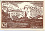 Castel Terlago über gleichnamiger Gemeinde (heute Comunità della Valle dei Laghi, Provincia di Trento) gegen die Paganella. Holzschnitt 10 x 15 cm nach Entwurf eines anonymen Künstlers ohne Impressum; postalisch befördert 1962.  Inv.-Nr. vu105hs00001