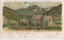 Hospiz St. Christoph (heute Hotelbetrieb), Gemeinde Nasserein (ab 1927 in St. Anton am Arlberg umbenannt). Chromolithographie 9 x 14 cm nach einem Original von F.A.C.M. Reisch, Meran; Verlag C. Schuler, St. Anton a.A. um 1900.  Inv.-Nr. vu914clg00028