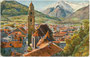Meran im Burggrafenamt, Südtirol mit Pfarrkirche St. Nikolaus von Nordosten. Farbautotypie nach Original von Josef Marschall (1887-1917); Impressum: Kunstverlag K. Alber-Specht, Ravensburg um 1910.  Inv.-Nr. vu914fat00121