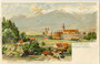 Prämonstratenser Chorherrenstift Wilten mit Stiftsmühle am Sillkanal von Südosten. Chromolithographie 9 x 14 cm nach einem Entwurf von Otto Strützel; Kunstverlag Hugo Moser, Stuttgart um 1900.  Inv.-Nr. vu914clg00040