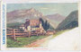 Gerichtsburg Nauders (heute Hotel), 1868 bis 1920 Sitz des Gerichtsbezirks Nauders im politischen Bezirk Landeck an der alten Reschenstraße in Nauders. Farbautotypie 9 x 14 cm; Künstlerkarte mit Produktwerbung um 1900.  Inv.-Nr. vu914fat00064