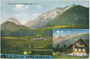 Vomp bei Schwaz, Tirol gegen Vomperkette im Karwendel und Gasthaus Karwendelrast am Vomperberg. Farblichtdruck 9 x 14 cm; Impressum: Photo-Atelier Berger, Inh. Hans Ducrue, Klostergasse (heute Burggase) 170, Schwaz.  Inv.-Nr. vu914fld00052