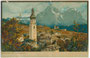 Ortskern von Kastelruth mit der Dekanatskirche zu den Heiligen Petrus und Paulus gegen das Schlernmassiv. Chromolithographie 9 x 14 cm; Impressum: Kunstanstalt Othmar Zieher, München.  Inv.-Nr. vu914clg00024