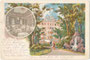 Denkmalsbrunnen für Walther v.d. Vogelweide im Waltherpark und ehem. Gasthof "zum Goldenen Stern" in Innsbruck-St. Nikolaus, Innstraße 35-39. Chromolithographie 10,5 x 14,5 cm; Impressum: K. Redlich, Innsbruck um 1900.  Inv.-Nr. vu105clg00001