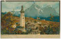 Ortskern von Kastelruth mit dem Schlernmassiv. Chromolithographie 9x14cm; Kunstanstalt Othmar Zieher, München.  Inv.-Nr. vu914clg00024