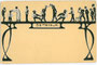 Kunstgraphische Darstellung von Stationen einer Mensur, platziert auf einem Tisch im Jugendstil mit Blankofläche als Schriftfeld. Chromolithographie 9 x 14 cm; Entwurf/Verlag: D. T. C., L. (?) um 1900.  Inv.-Nr. vu914clg00039