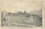 Kloster der Barmh. Schwestern vom Hl. Kreuz (Kreuzschwestern) mit 1910 in verschiedenen Baustilen errichteten Gebäuden, Hall in Tirol, Bruckergasse 24. Lichtdruck nach Federstrichzeichnung, Impressum: C(arl). Lampe, Innsbruck.  Inv.-Nr. vu914ld00355