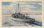 Der Eisbrecher "USCGC (United States Coast Guard Cutter) Mackinaw" im Dienst auf den Großen Seen von 1944 bis 2006. Kombinationsfarbdruck 9 x 14 m; Impressum: E. B. Ackley, Sandusky, Ohio 1944.  Inv.-Nr.  vu914kfd00051