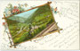 St. Jodok mit Pfarrkirche und Sitz der Gemeinde Vals, Bzk. Innsbruck-Land, Tirol von Südwesten. Photomontage in Bilderrahmen- und Blumendekor. Photochromdruck 9 x 14 cm ohne Urhebernachweis, postal. befördert 1900.  Inv.-Nr. vu914pcd00254