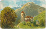 Burg Freundsberg von Südosten. Chromolithographie 9 x 14 cm nach einem Entwurf: eines anonymen Künstlers; postalisch befördert 1906 von Elizabeth (Sitz des Union County, New Jersey, U.S.A.) aus.  Inv.-Nr. vu914clg00006
