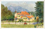 Kurhaus mit Tennisplatz (ehem. darin Photoatelier von Ludwig Hajek) von Igls (1943 nach Innsbruck eingemeindet worden). Photochromdruck 9 x 14 cm, Entwurf: Freiherr Eduard (Edo) von Handel-Mazzetti (1885-1950) um 1930.  Inv.-Nr. vu914pcd00013