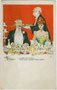"Le gibier sent le poisson... - Tout à l'heure. le poisson sentait le gibier". Karikatur von Albert Guillaume (1873 – 1942). Chromolithographie 9 x 14 cm mit nicht identifizierbarer Verlagsangabe, um 1900.  Inv.-Nr. vu914clg00041