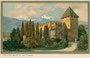 Burg Rubein (heute Schlosshotel) in der Theodor-Christomannos-Str. 38, Obermais (1924 nach Meran eingemeindet), Gbz. und Bzk. Meran, Gef. Grafsch. Tirol. Chromolithographie 9 x 14 cm; Entwurf: M(ichael). Zeno Diemer um 1900.  Inv.-Nr. vu914clg00008