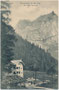 Wurzenhütte in der Eng, Gde. Vomp, Bzk., Schwaz, Tirol mit dreigeschoßiger Eck- und Fassadenloggia Gumpenspitze (2.178m) der Gamsjochgruppe im Karwendel. Lichtdruck 9 x 14 cm; Verlag Hans Link, Schwaz 1905.  Inv.-Nr. vu914ld00344