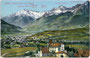 Schloss Labers - 1125 erstmals ein Hof „Laubers“ urkundlich erwähnt - gegen Meran im Etschtal und die Texelgruppe. Photochromdruck 9 x 14 cm (Bergnamenkarte); Impressum: Verlag Lorenz Fränzl, München (danach Bozen) 1910-11.  Inv.-Nr. vu914pcd00046