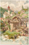 Mühle am Eisack und die barocke Pfarrkirche von Franz de Paula Penz in der ehem. Gemeinde Gossensass (ab 1929 Fraktion der Gde. Brenner). Chromolithographie nach Original von Paul Schmohl, Verlag M. Serger, Stuttgart um 1900.  Inv.-Nr. vu914clg00050