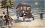 Begegnung eines Jägers mit einem Omnibus Fross-Büssing der k.k. Automobilpost. Farbautotypie nach Original von (?) Kauzner. Farboffsetdruck 9 x 14 cm (Werbeillustration); Verlag Postbeamtenverein, Wien I/1. 1908.  Inv.-Nr. vu914fat00035