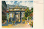 Anlässlich Ehzg. Leopolds Hochzeit 1765 erbaute Triumphpforte mit hindurch führender Straßenbahnlinie. Chromolithographie 9 x 14 cm nach Original eines anonymen Künstlers ohne Urhebernachweis, um 1900.  Inv.-Nr. vu914clg00051