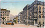 Hotel „Tyrol“ (heute Boardinghouse) am Bahnhofplatz (heute Südtiroler Platz) 1. Photochromdruck 9 x 14 cm und Straßenbahntriebwagen der Innsbrucker Verkehrsbetriebe; Verlag K(arl). Redlich, Innsbruck 1910-11.  Inv.-Nr. vu914pcd00096