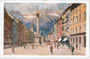 Nordabschnitt der Maria-Theresien-Straße gegen die Nordkette. Farbautotypie 10 x 15 cm nach einem Original von Leopold Scheiring (1884 – seit 1927 vermisst). Impressum: Kunstverlag, Wien VIII., Fuhrmannsgasse 18 um 1925.  Inv.-Nr. vu105fat00016