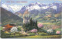 Stauferburg Katzenstein in Kastelbell (heute Gemeinde Kastelbell-Tschars), als Stammsitz von Conrad von Katzenstein 1258 erwähnt, gegen Texelgruppe der Ötztaler Alpen. Photochromdruck 9 x 14 cm; Edition Photoglob, Zürich um 1910.  Inv.-Nr. vu914pcd00058