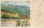 Bahnhofplatz (hte. Südtiroler Platz) beim Südbahnhof (hte. Hauptbahnhof) in Innsbruck mit Hotels "de l'Europe" und "Tyrol" (rechts). Chromolithographie 9 x 14 cm; Carl Schmidt HTS; Verlag Ottmar Zieher, München; postal. bef. 1899.  Inv.-Nr. vu914clg00053