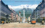 Straßenbahntriebwagen im Nordabschnitt der Maria-Theresien-Straße in Innsbruck mit ehem. Hotel "Austria" (heute Rathaus, links) gegen die Nordkette. Photochromdruck 9 x 14 cm; Impressum: Purger & Co, München 1912.  Inv.-Nr. vu914pcd00099