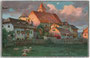 Deutschordenskommende in Lengmoos, Gemeinde Ritten mit der Pfarrkirche Mariä Aufnahme in den Himmel. Farbautotypie 9 x 14 cm; Entwurf: R. A. Höger; Impressum: Joh(ann). F(ilibert). Amonn, Bozen; postalisch gelaufen 1907.  Inv.-Nr. vu914fat00007