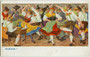 „Kirchweih", Tanzszene mit Akteuren in ländlicher Kleidung. Farbautotypie 9 x 14 cm nach einem Original (Maltechnik nicht feststellbar) von Maximilien Erler (1884 Wien - 1958 Kitzbühel). Kunstverlag Amon Göth, Wien um 1940.  Inv.-Nr. vu914fat00108