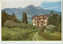 Von Gastronom Josef Kram(m)er 1900 eröffnetes Hotel "Maximilian" im Heimatstil in Igls gegen Nockspitze in den Stubaier Alpen, 1975 ff. zur Wohnanlage umgebaut. Farbautotypie 10 x 15 cm; Verlag Preiss & Co., München um 1925.  Inv.-Nr. vu105fat00030