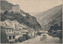Floßzug aus zwei Gstören (Vorholz mit Plunderhäuschen und After) mit Floßführer und 3 Flößern Besatzung nach Durchfahrt der Gerberbrücke über den Inn in Landeck, Tirol. Holzstich aus Illustrirte Welt von 1892, Heft Nr. 23.  Inv.-Nr. vuDINA4hs00001