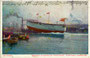 Stapellauf S(einer). M(ajestät). Schlachtschiff "Tegetthoff" der k.u.k. Kriegsmarine im Stabilimento Tecnico Triestino, Muggia am 21.3.1912. Farbautotypie 9 x 14 cm nach einem Original von Alexander Kircher (1867-1939).  Inv.-Nr. Vu914fat00120