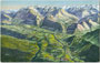 Panoramagemälde vom Val di Non (deutsch: Nonstal) im Trentino. Photochromdruck 9 x 14 cm nach Original eines anonymen Illustrators. Verlag Joh(ann). F(ilibert). Amonn, Bozen 1916.  Inv.-Nr. vu914pcd00297