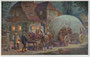 "Nächtliche Rast" eines Gespannführers mit seinem zweispännigen Fuhrwerk. Farbautotypie 9 x 14 cm, Entwurf: R. Trache, Reihe "Gute Fahrt" Nr. 2, Kunstverlag Hans Friedrich Abshagen, Dresden Nr. 382 um 1915.  Inv.-Nr. vu914fat00093