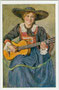 Junge Frau aus dem Sarntal (Südtirol) in Festtagskleidung beim Gitarrenspiel. Farbautotypie 9 x 14 cm nach Original von Paula Tiefenthaler, Hall/Tirol (1881-1942). Verlage Lippott, Kufstein und Amonn, Bozen; Druck: Mahl, Lienz 1917.  Inv.-Nr. vu914fat0011