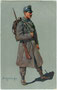 Jäger eines der vier k.u.k. Tiroler Jägerregimenter - "Kaiserjäger" in Feldadjustierung mit Repetiergewehr Mannlicher Mod. 1895. Farbautotypie 9 x 14 cm nach Orig. von Arnold Lüschwitz-Koreffski (1869-?); Wohlfahrtskarte Rotes Kreuz 1915.  Inv.-Nr. vu914f