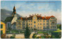 Spitalkirche zum Hl. Geist und Johannes dem Täufer beim Kaiser Franz Joseph-Jubiläumsspital (heute Bezirkskrankenhaus) in Schwaz. Photochromdruck 9 x 14 cm; Impressum: G(eorg). Angerer, Schwaz, postalisch gelaufen 1920. Inv.-Nr. vu914pcd00082