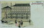 Innsbrucker Stadtsäle mit überdachter Terrasse (Adresse: Universitätsstraße 1) im Bauzustand der Eröffnung im Jahr 1890. Chromolithographie 9 x 14 cm; Verlag Moch & Stern, München um 1900.  Inv.-Nr. vu914clg00018
